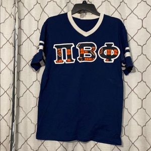 Navy and white v-neck baseball Pi Beta Phi tee